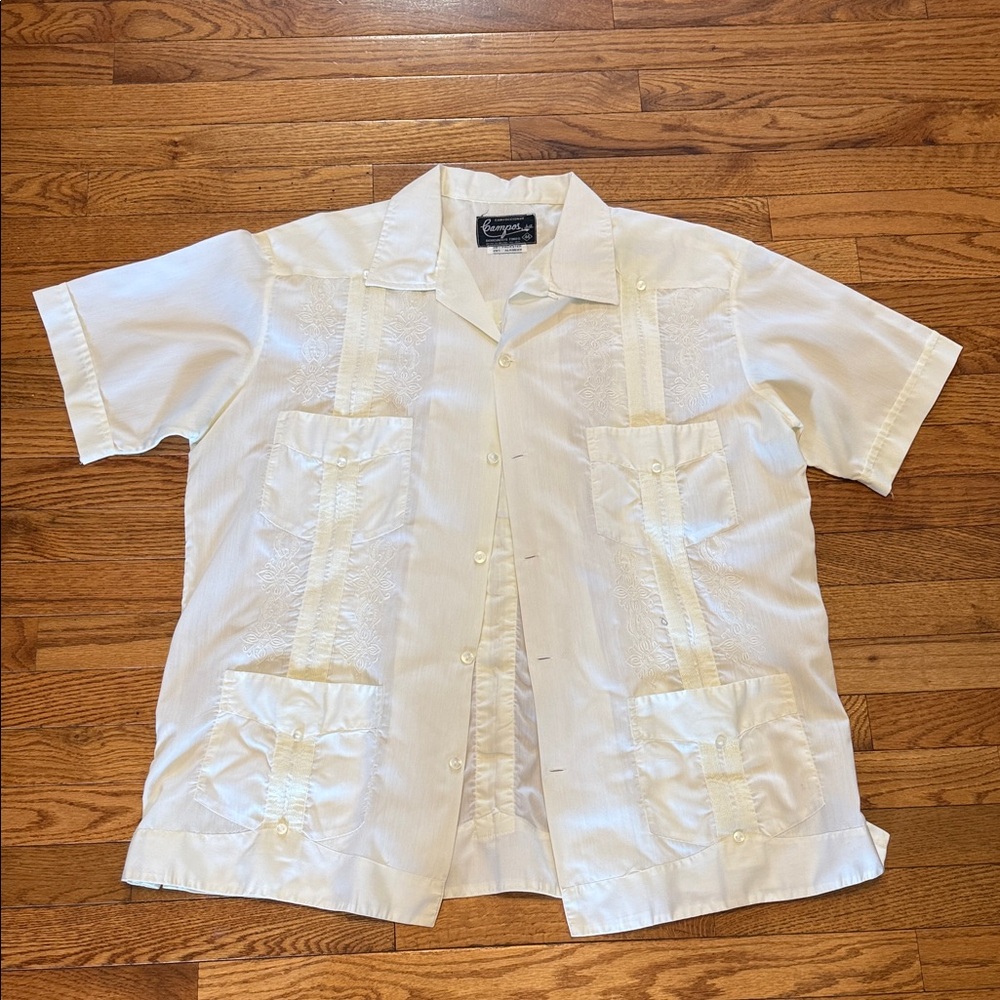 Vintage Campos Off White Embroidered Cuban Guayabera Shirt